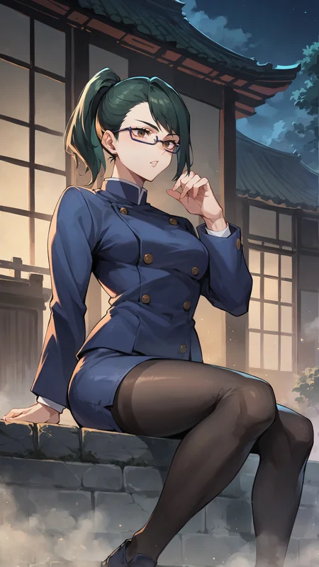 score_9,score_8_up,score_7_up,score_6_up, source_anime, zPDXL, <lora:xl_more_art-full_v1:0.5>, girl, dynamic pose, dark green hair, ponytail, glasses, brown eyes, jujutsu uniform, blue jacket, blue skirt, black leggings, figure four sitting, <lora:Maki Zenin-000004:0.8>, ,abandoned building, fog, mist, night, east asian architecture, night time,