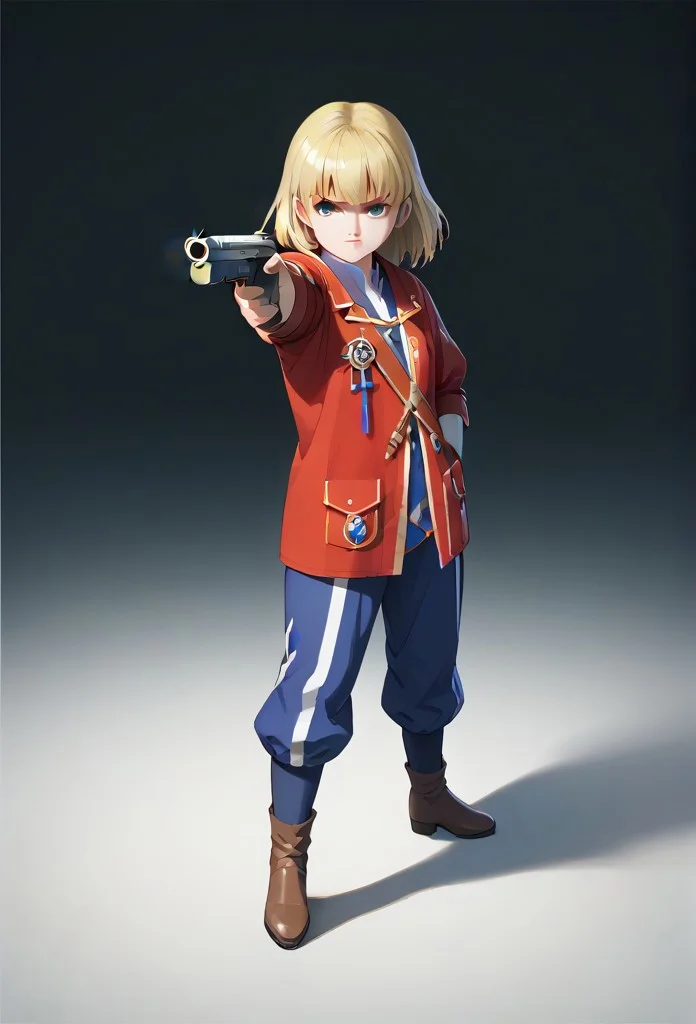 (1girl, solo,, Technoblade, holding weapon, holding gun, handgun, hand in pocket, aiming, full body, :1.3), The face of the trout is now etched in the impressionism art of Japan, colourful, score_9, score_8_up, score_7_up, masterpiece, best quality, very aesthetic