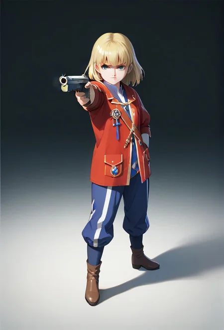 (1girl, solo,, Technoblade, holding weapon, holding gun, handgun, hand in pocket, aiming, full body, :1.3), The face of the trout is now etched in the impressionism art of Japan, colourful, score_9, score_8_up, score_7_up, masterpiece, best quality, very aesthetic