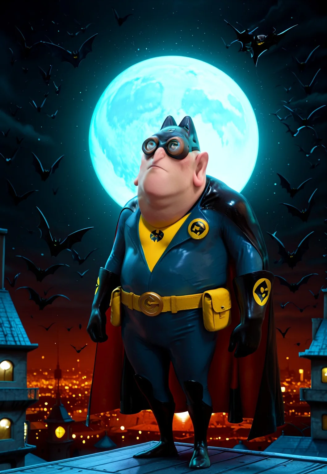 masterpiece, best quality absurdres, newest, high detail, cartoon style, solo, 1boy, Nefario, maddoc, ggls, lbtc, fat, batman mask, batman cape, utility belt, batman suit, batman symbol on chest, standing on tower roof, looking up, Gotham city background, grimdark, large moon, bats in the background,