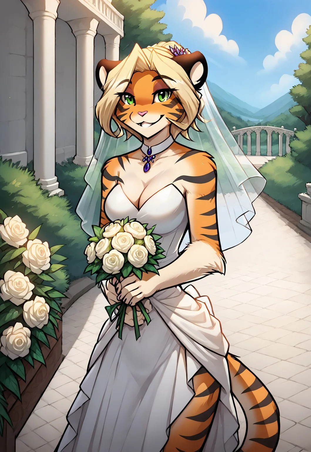 score_9, score_8_up, score_7_up, masterpiece, best quality, good quality, highly detailed, absurdres, Expressiveh, detailed background, outdoors, wedding chapel, wedding decorations, 1 girl, solo, anthro, iris-twokinds, tiger tail, wedding dress, holding bouquet, looking at the viewer, smile, happy