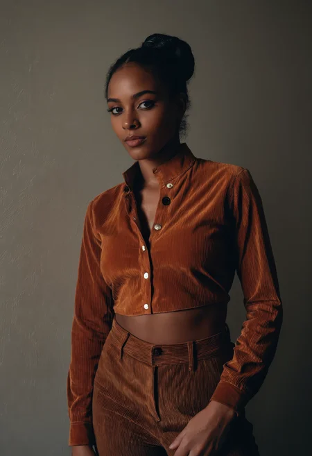sdxl_lenruadi, cinematic photograph photo, wearing a rust corduroy button-down with a mandarin collar, eyeliner, makeup, perfect nubian twist hair, under harsh neon lighting, futuristic cyberpunk aesthetic with reflective surfaces and moody shadows
