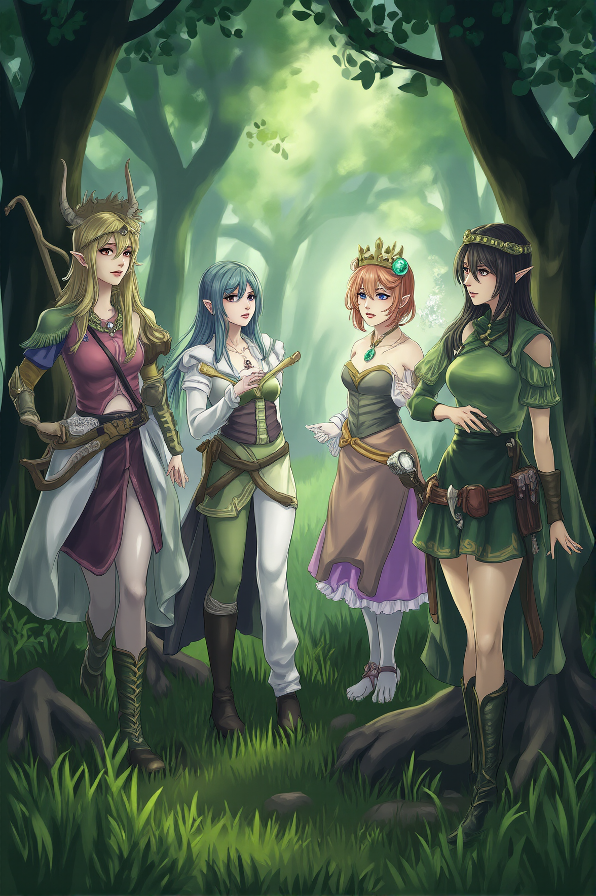 A group of waifus dressed in elaborate fantasy costumes gathers in a lush, misty forest. The sunlight filters through the dense canopy, casting a magical glow on their detailed outfits. One waifu, portraying an elven archer, stands poised with her bow, while another, as a sorceress, conjures a glowing orb. The scene captures the essence of a live-action role-playing adventure. 
<lora:anime-waifu-flux:1>