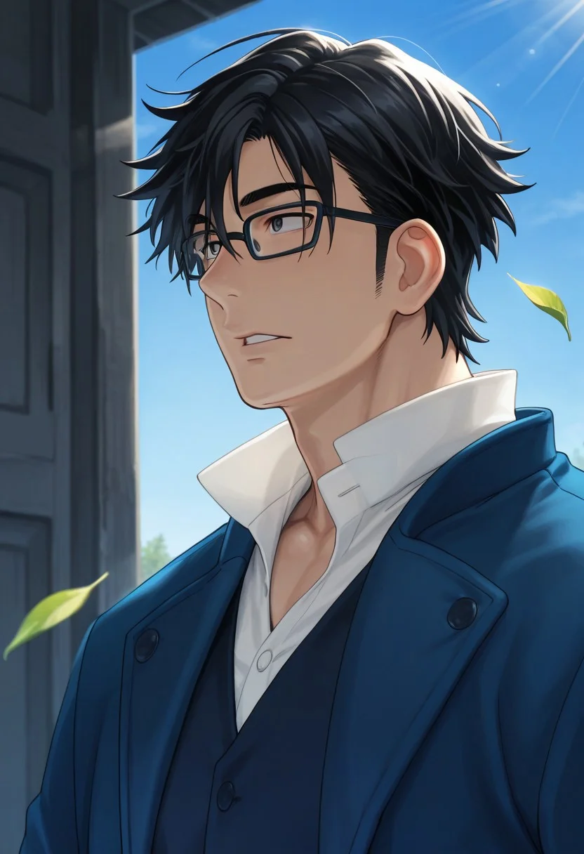 masterpiece, best quality, amazing quality, absurdres, newest, detailed background, definition so sharp, Ultra-HD, 8K cinematic, very awa, impressionate, amazing quality, highres, d10w21ll,
solo, male focus, manly, mature male, bara, day, blue sky, outdoor, sunbeam, windy, flying leaf,
1boy, short hair, glasses, saruhikofushimi, saruhiko_black hair, saruhiko_black eyes, blue coat, collared shirt, side view, looking far away,
calm expression, parted lips