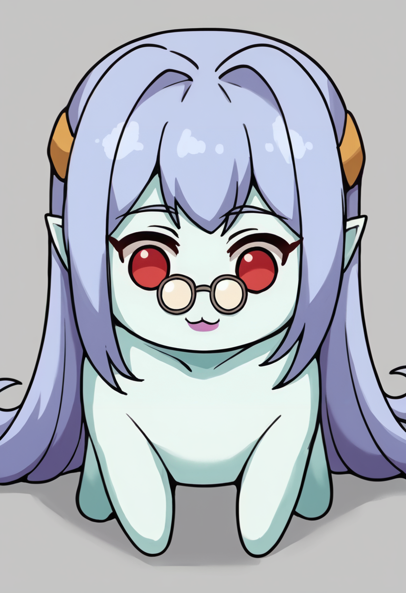score_9, score_8_up, score_7_up, source_anime, <lora:wrenchremonstermidhampir:1>, remonstermidhampir, colored skin, teal skin, long hair, pointy ears, glasses, red eyes, purple hair, purple lipstick, solo, 
<lora:Doro_X_PDXL_V1:1>, doro, creature, :3, chibi, no humans, solid circle eyes, no pupils, all fours,