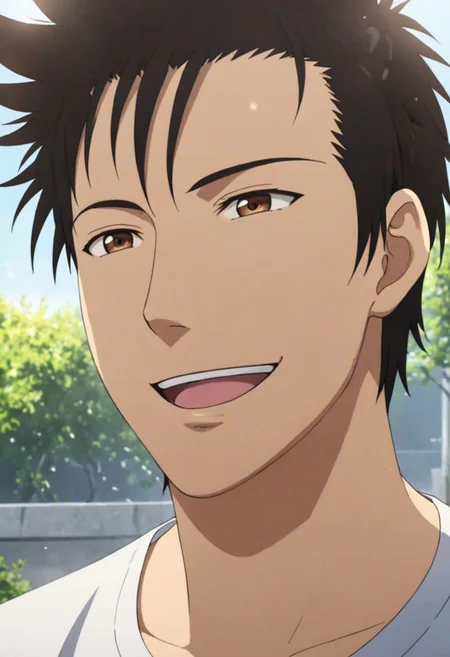 Highres, Masterpiece, High Quality, 4K, 8K, solo, 1Boy, Soujirou Agata, brown eyes, black hair, sunny weather, sunshine, potrait, laughing, looking at viewer, easynegative, detailed_eye_model