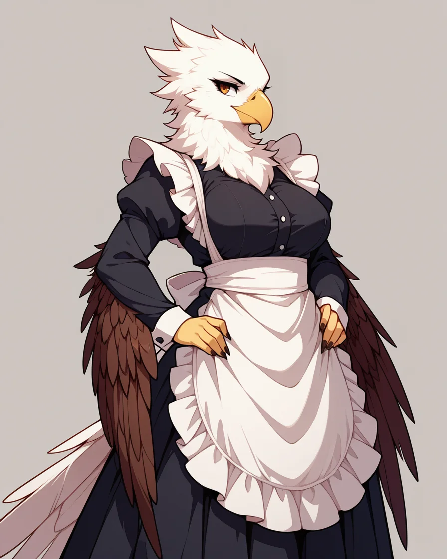 masterpiece, best quality, 1girl, solo, megafeathery, feathers,feathers, bird anthro, furry, avian, beak, eagle anthro, solo, female, maid , <lora:Mega_Feathery_for_Illustrious_XL:0.8>