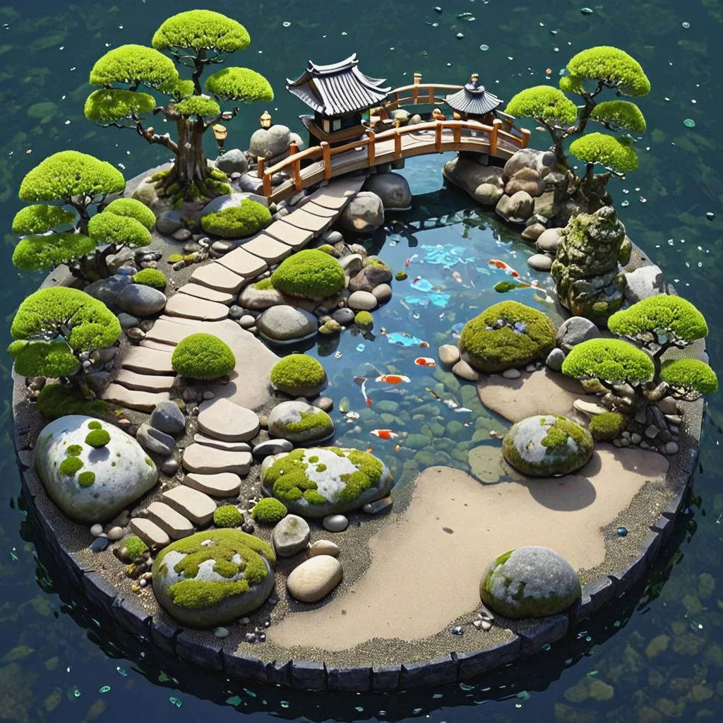 iszsks <lora:Isometric_Cutaway:1.5>,  Raked Gravel or Sand, Stone Pathways, Bonsai Trees, Moss Gardens, Koi Pond, Water Features, Rock Arrangements, Ishi, Lanterns Tōrō, Bridges Hashi, bomboo, no humans, isometric view, cutaway, diorama, isometric cutaway, masterpiece, best quality, tilt shift,