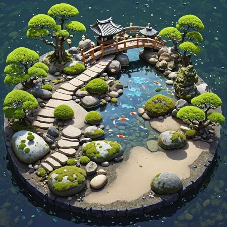 iszsks <lora:Isometric_Cutaway:1.5>, Raked Gravel or Sand, Stone Pathways, Bonsai Trees, Moss Gardens, Koi Pond, Water Features, Rock Arrangements, Ishi, Lanterns Tōrō, Bridges Hashi, bomboo, no humans, isometric view, cutaway, diorama, isometric cutaway, masterpiece, best quality, tilt shift,