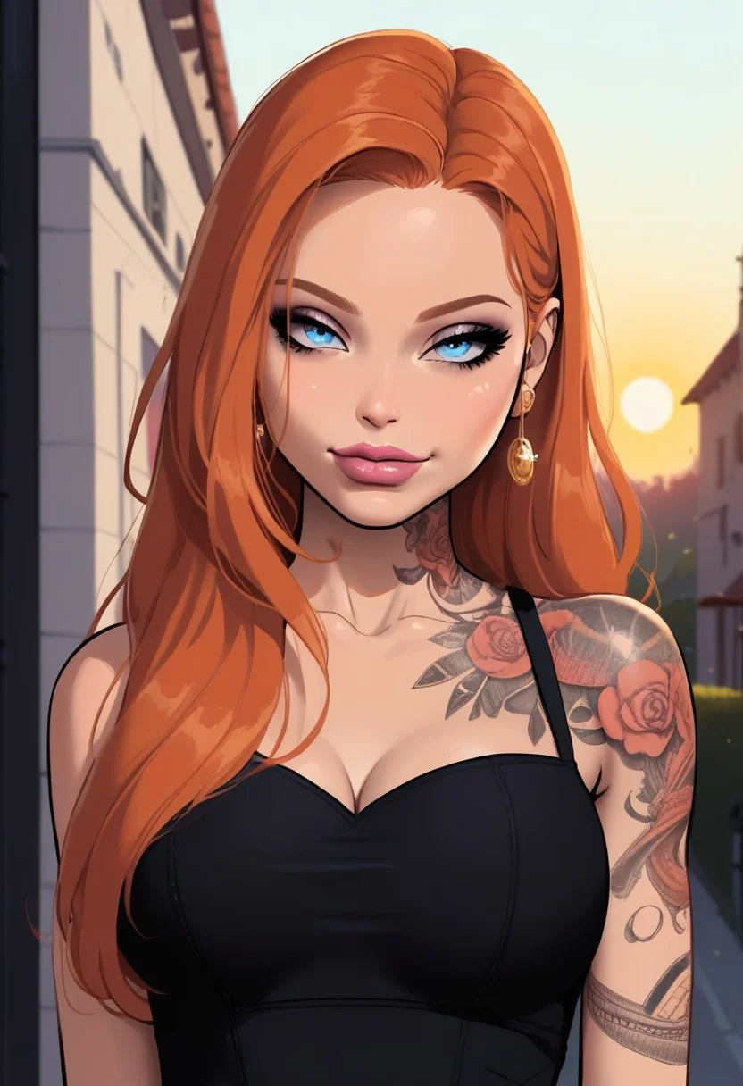 score_9, score_8_up, score_7_up, BREAK, 1girl, upper body focus, (bimbo:1.2), smile, bored eyes, (half body:1.2), posing, town,
casual dress, body tattoo, young woman, looking at viewer,
bloom, ginger hair, long hair, blue eyes, BREAK,
detailed face, sun,