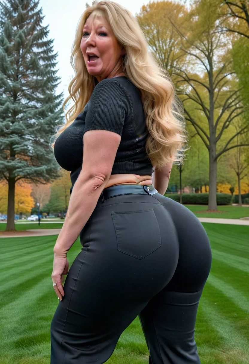 voluptuous, beautiful 65 years old, plump belly, double-chin, screaming and crying 
long blonde hair, huge ass, tight top, big hips, tight black bellbottom trousers, booty-view, close-up, outside, park