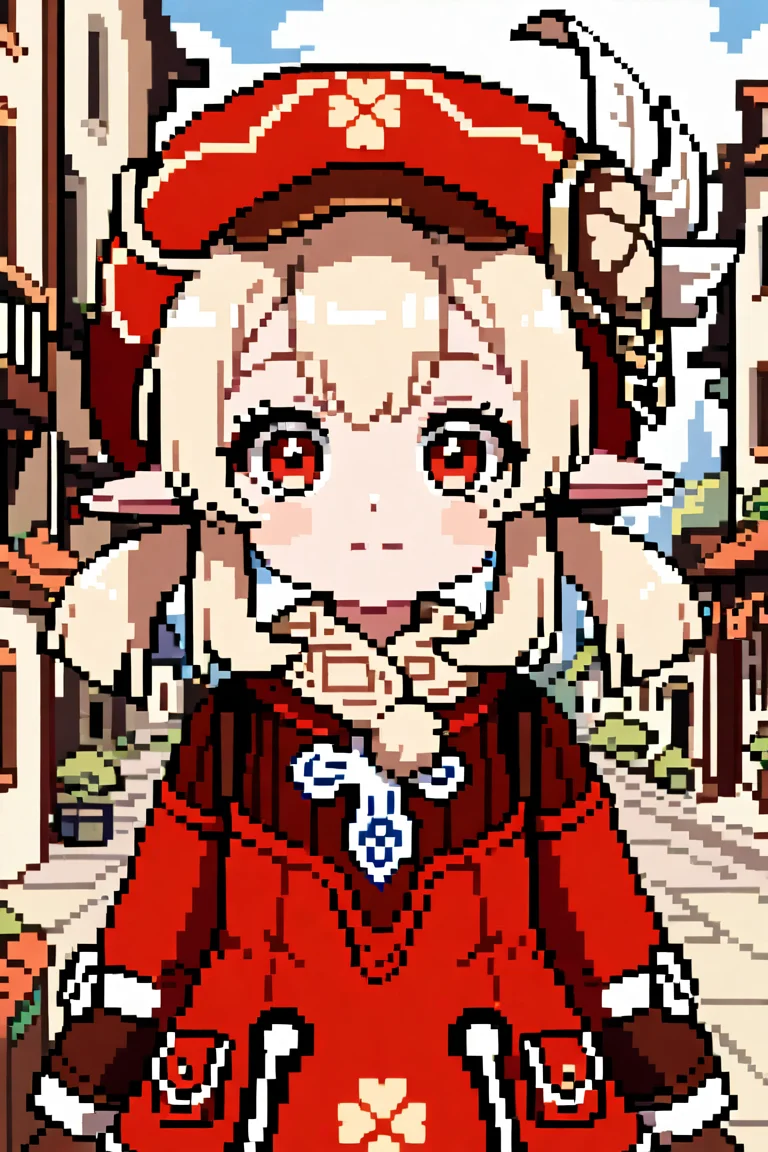 1girl, genshin impact, klee, city background, upperbody <lora:AziibPixelArtXL_Anime:0.7>