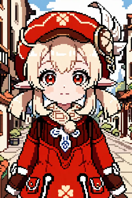 1girl, genshin impact, klee, city background, upperbody <lora:AziibPixelArtXL_Anime:0.7>