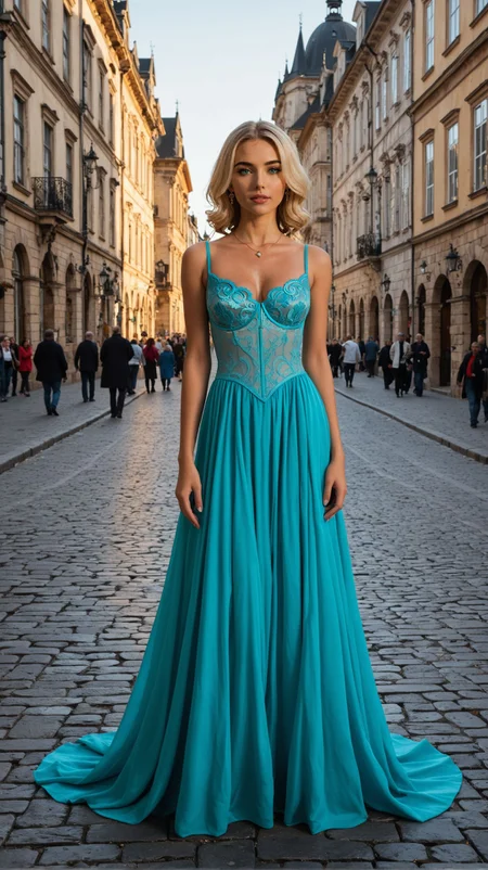 1girl, cinematic photo of Diabetta_Pancretta, dynamic pose, bright aqua color eyes, evening, dark, dusk, golden hour, warm lighting, dark, moody, (portrait of a stylish adult woman, adult european adult woman, highly detailed background:1.25), volumetric lighting, subsurface scattering, (special effects, color grading, fantasy aura), (style of Mario Testino), [haute couture elegance:Prague's historic grandeur:0.8] backdrop, showcasing the ethereal presence of a supermodel against the spellbinding allure of Prague, Czech Republic. She embodies an exquisite blend of modern fashion and timeless elegance, her ((striking silhouette accentuated by a breathtaking gown)), the fabric flowing gracefully with each step. The dress, a masterpiece of couture design, features intricate lace details and a dramatic train, echoing the Gothic and Baroque influences of the city's architecture. Her accessories are bold yet sophisticated, with statement jewelry that captures the light, mirroring the intricate craftsmanship seen in Prague's historic edifices. The setting is a carefully composed panorama that includes the iconic Charles Bridge, its statues casting long shadows in the early morning light, creating a mystical aura around her. In the distance, the Gothic spires of the city's skyline punctuate the horizon, while the famed astronomical clock stands as a testament to Prague's rich cultural heritage. The supermodel strides confidently across the cobblestone streets, her gaze fixed in the distance, a vision of modern elegance amidst the architectural marvels of the city. The photograph captures a moment of serenity before the city awakes, the supermodel alone in her exploration of Prague's beauty. The composition juxtaposes her contemporary fashion against the backdrop of centuries-old landmarks, illustrating a dialogue between the past and present. This scene not only highlights her striking presence but also pays homage to the city's ability to inspire awe through its history and artistry, making her not just a visitor but a part of Prague's ongoing story. (perky bust under clothes, deep :1.1), (pale, 24 years old, skinny waist, French adult woman, fashionista:1.3), (Oval-shaped face, luminous complexion, aqua+ almond-shaped eyes, thin brows, small upturned nose, silver nostril stud piercing, thin supple lips:1.25), (white hair, medium length, curly:1.15), gothic influences, baroque ornamentation, haunting beauty, otherworldly atmosphere, chiaroscuro effect,  ooh_me_likey-xl