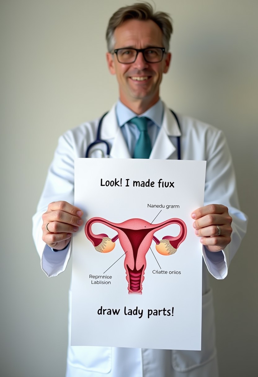 photo of a doctor holding a poster with an anatomical illustration of the female reproductive organs. Text says "Look! I made flux draw lady parts!"
