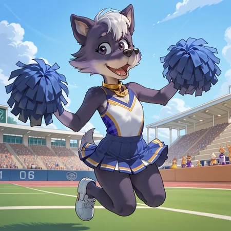 score_9, score_8_up, score_8, score_7, source_cartoon, Wind_Swiftly, solo, 1girl, anthro, female furry, dog, dog girl, purple and white fur, white hair, bangs, thin tail, black nose, black eyes, white chest fur, gold collar, gold tag, full body, looking at viewer, blue cheerleader outfit, pom-poms, jumping, in the air, cowboy shot, schoolyard setting, excited expression,