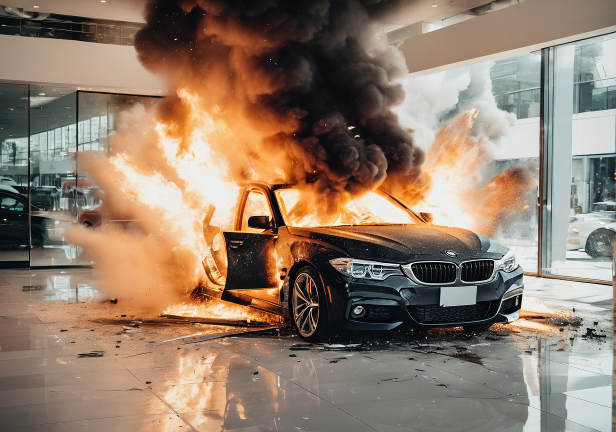 <lora:Explosion Artstyle - Trigger is Explosion Artstyle:1> , fancy car on the showroom floor at a bmw dealership, explosion artstyle