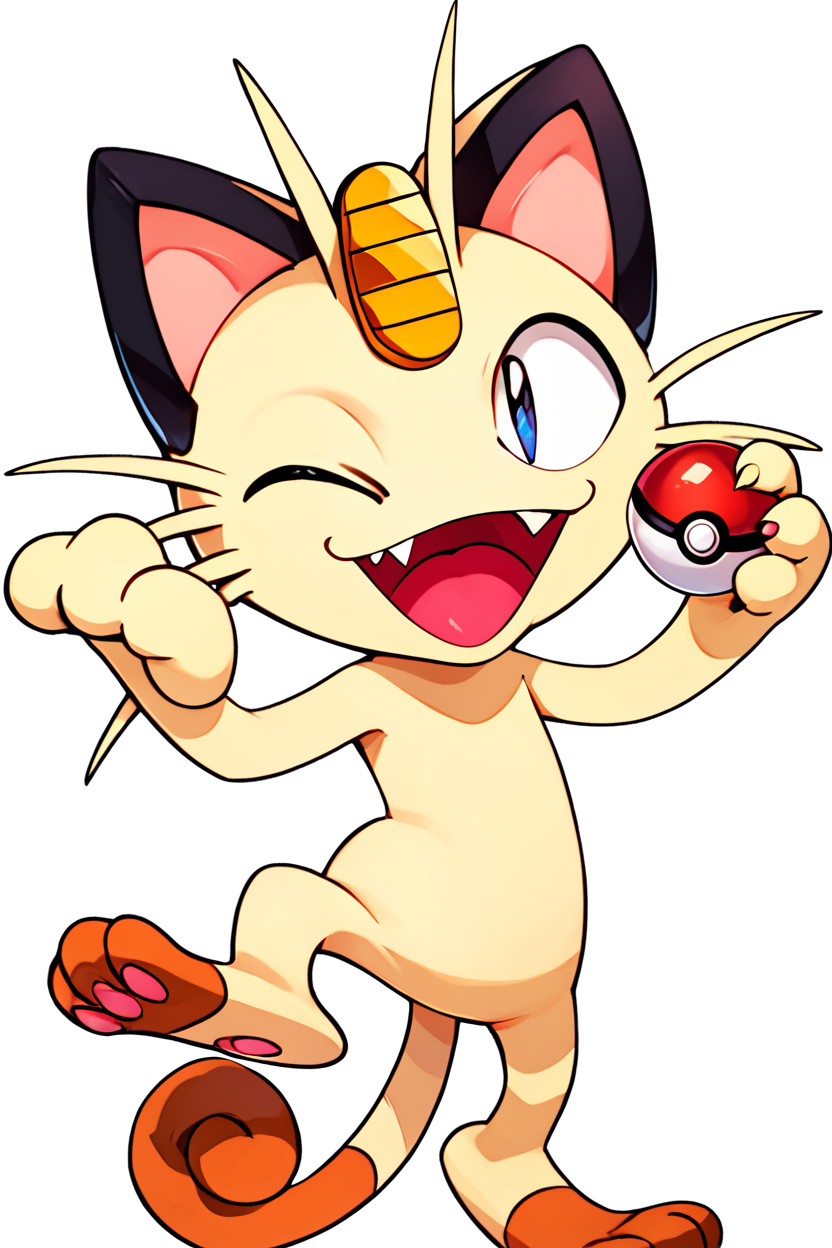 score_9, score_8_up, score_8,  ,,,  zzMeowth, smile, open mouth, simple background, white background, full body, one eye closed, fangs,  (holding pokeball),   ,<lora:MeowthPokedexPDXL:1.0>,   ,,, ,,, embedding:zPDXL, Expressiveh, <lora:CatalystStylePDXL:0.6>,  <lora:SDXLFaeTastic2400:0.5>,  <lora:Expressive_H-000001:0.4>,