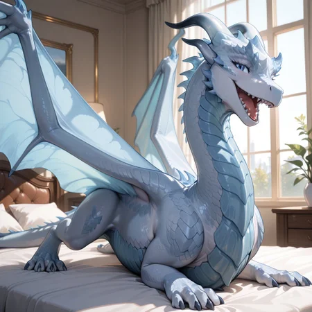 1girl, highres, absurdres, newest, masterpiece, best quality, furry, furry_female, Siveth_dh, dragon, white blue scales, wings, white horns, claws, blue eyes, spread wings, (quadruped, feral:1.4), detailed eyes, (on belly, on_stomach:1.2), open_mouth, open mouth smile, luxurious detailed room, bright room, day scene, professional lighting, white bed, solo, bedroom, smiling, seductive, looking_at_viewer, masterpiece, close up, safe