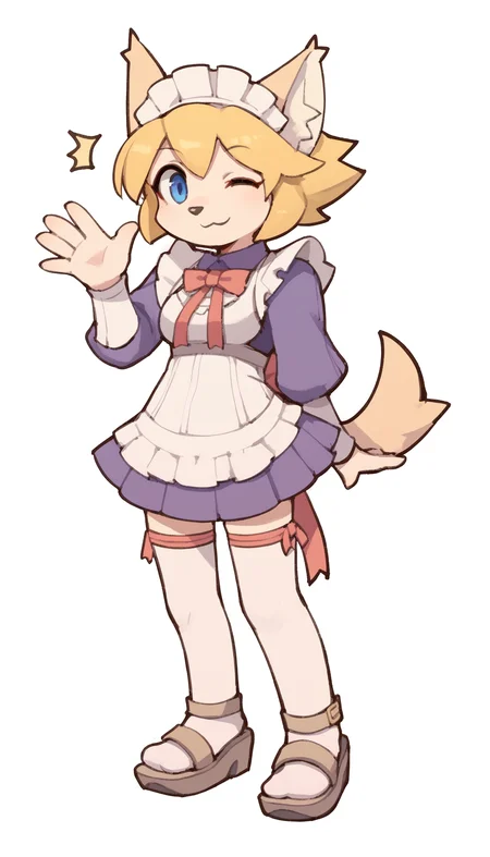 score_7_up, score_6_up, flat color, sketch
BREAK
<lora:FloPDXL:1> <lora:TemmieChang_ver2:1> tmchng, floSR, full body, solo, 1girl, dog girl, furry female, blue eyes, animal ears, animal nose, tail, blonde hair, short hair, maid, maid headdress, maid apron, frills, red bow, ribbon, puffy sleeves, thighhighs, leg ribbon, sandals, waving, smile, one eye closed, ^^^, zettai ryouiki, zPDXL2, white background