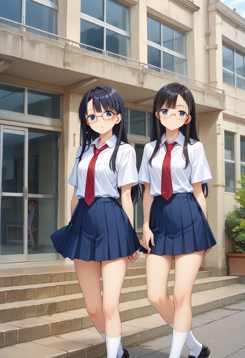 score_9, score_8_up, score_7_up, rating_safe, masterpiece, best quality, absurdres, unity 8k wallpaper, official art, official style, source_anime, uncensored, game cg, megami magazine,
genkan, syoukouguchi, multiple girls, window, glasses, black hair, long hair, blue eyes, collared shirt, red necktie, pleated skirt, blue skirt, school, socks, building, outdoors
 <lora:gakkou_syokoguchi_PONY_V1:1>