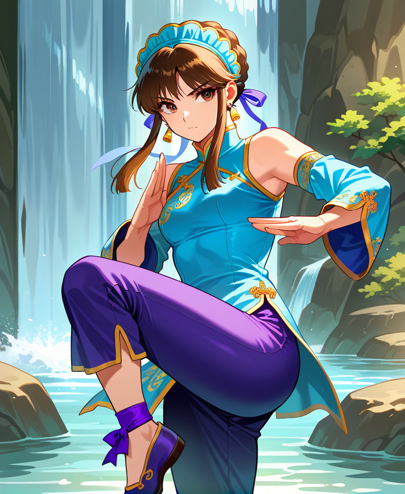 (masterpiece:1.3), (high quality:1.3),(1girl: xianghua-sc2,brown hair,short hair,brown eyes, long sidelocks,aqua headdress,mandarin collar,gold earrings,aqua china clothes,aqua detached sleeves,purple capri pants,purple ankle bow,purple shoes,kung fu, ),waterfall,  <lora:chai_xianghua:1>