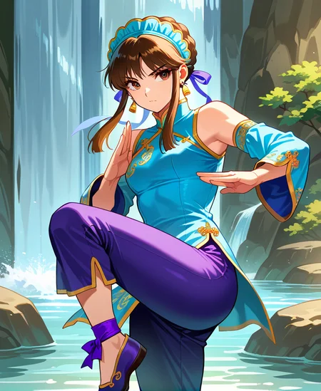 (masterpiece:1.3), (high quality:1.3),(1girl: xianghua-sc2,brown hair,short hair,brown eyes, long sidelocks,aqua headdress,mandarin collar,gold earrings,aqua china clothes,aqua detached sleeves,purple capri pants,purple ankle bow,purple shoes,kung fu, ),waterfall, <lora:chai_xianghua:1>