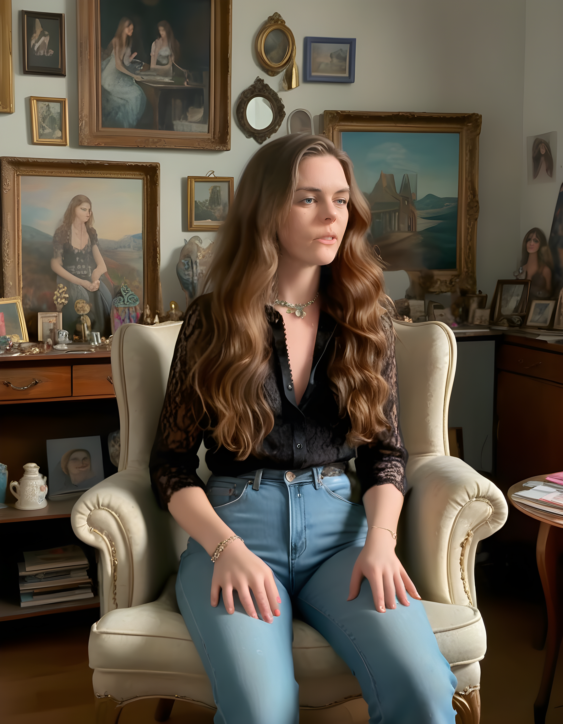 In a spacious, artfully cluttered studio illuminated by soft, warm sunlight streaming through large windows, M1GM1K, a woman with long, wavy brown hair and adorned in a vintage-inspired ensemble of a black lace blouse, high-waisted denim jeans, and an array of intricate jewelry, sits on a worn velvet armchair, her gaze intently locked with the viewer, her full lips subtly parted as if to speak, her long hair cascading down her shoulders, the background filled with vibrant paintings and antique trinkets that attest to her creative passion.