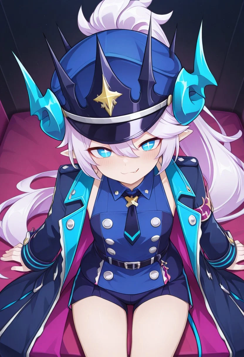 (masterpiece, best quality, highres, very aesthetic, very awa),, 1 girl, LuTMR, white hair, ponytail, very long hair, LuTMR hair, blue eyes, lu eyes, + +, pointy ears, necktie, LuTMR hat, luTMR horns , LuTMR dress, LuTMR hairclip, close-up, LuTMR shorts, looking at viewer, smug