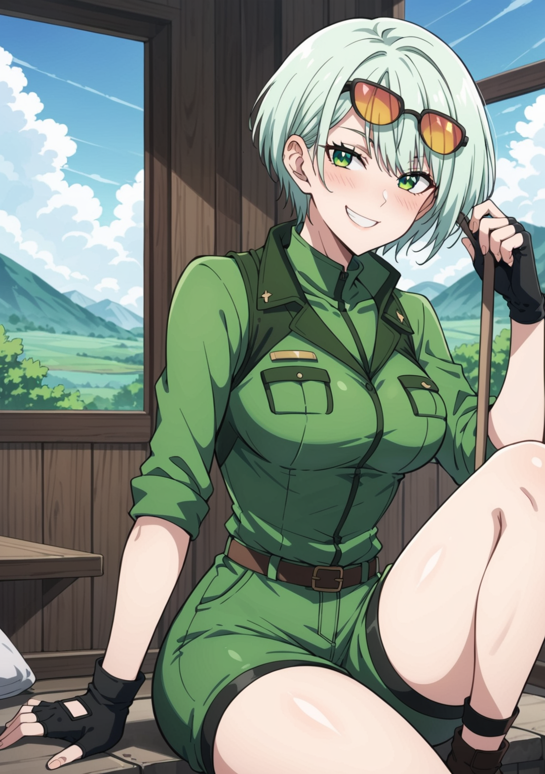 score_9, score_8_up, score_7_up, source_anime, BREAK, Rei Lusa_(ossan newbie adventurer), 1girl, solo, nose, light green hair, short hair, medium breasts, thick thighs, thigh strap, green eyes, smiling,   smiling, fingerless gloves, black gloves,  window, outdoors, mountains, clouds, sky, sitting on steps, door, one knee up, smug, bedroom eyes, smile, teeth, blushing, posing, hip sway, green shorts, green shirt, military, uniform, military uniform,  sunglasses over eyes, yellow lens, black vest, leather vest, high collar,  cleaning up,  sleeves rolled up,   <lora:Rei_Lucas_ã¬ã¤ã«ã¼ã«ã¹_-_The_Ossan_Newbie_Adventurer-000015:0.8>