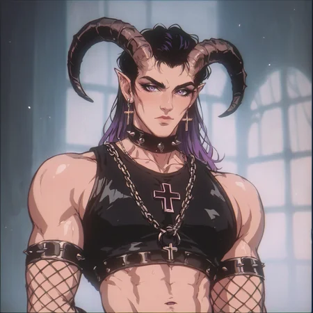 score_9, score_8_up, score_7_up, score_6_up, score_5_up, score_4_up,
vintage, 1990s \(style\),
manly, dilf, demon, looking at viewer, long eyelashes, comfy, shiny, cinematic lighting, caustics, fishnets top, bdsm, inverted cross earrings, purple gradient hair,
a handsome man, cold lighting, depth of field, (intricate), purple eyes, navel,
upper body, black demon horns, smooth skin, high contrast
<lora:OldAnimeStyle_XL_v3:0.75> <lora:poper XL:0.25>