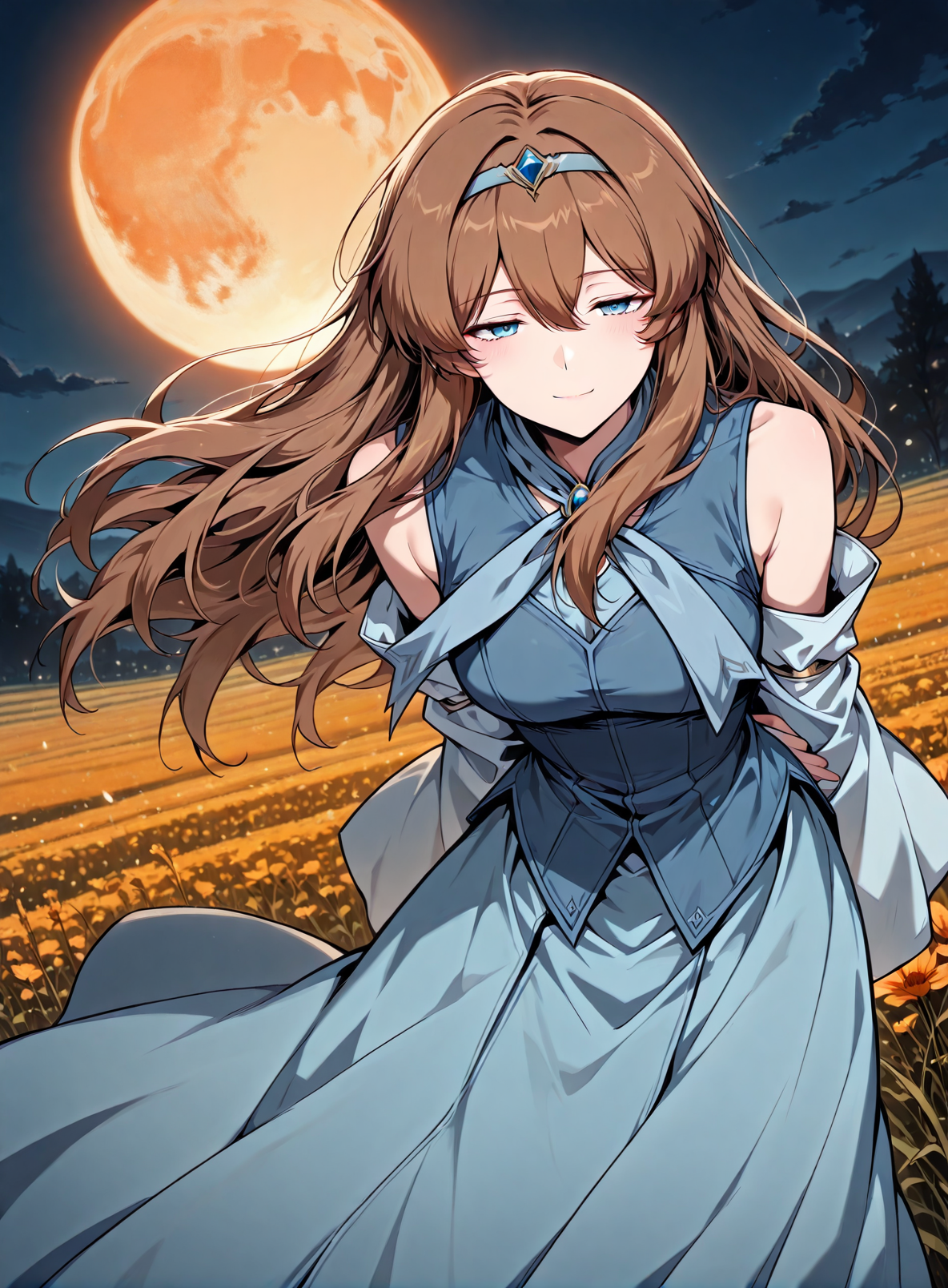 <lora:Anjac_Protesia__The_Knight_King_Who_Returned_with_a_God__Illustrious:1>
brown hair, long hair, hair between eyes, bangs, blue eyes
blue dress,  detached sleeves, hairband, skirt, long dress, wide sleeves, bare shoulders
score_9, score_8_up, score_7_up, very aesthetic, source_anime, detailed, high quality, beautiful, masterpiece, detailed eyes, field, blurry background, pose dynamic angle, upper body, cowboy shot, light smile, floating hair, half-closed eyes, hands behind back, leaning forward, looking forward, looking at viewer, night, orange moon, <lora:iLLMythG0thicL1nes:1>