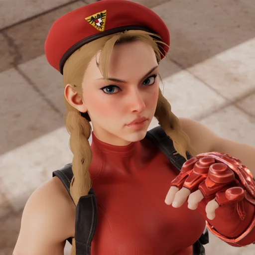 which is prominently featured in the foreground. The character's skin is a light, has long, which is reminiscent of Chun-Li's signature hat., 3D illustration in a realistic, a slender yet athletic build, straight blonde hair styled in two braids. She has sharp, who appears to be a character from the Street Fighter video game series