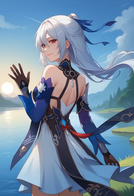 score_9, score_8_up, score_7_up, source_anime, 1girl, jingliudef, red eyes, white hair, long hair, high ponytail, earrings, jewelry, medium breasts, bare shoulders, detached sleeves, blue sleeves, blue dress, cleavage, black gloves, white skirt, black footwear, boots, smile, standing, waving, looking at viewer, outdoors, lake, grass, sun, upper body, from behind, back, looking back, <lora:Jingliu_v1-000010:1>
