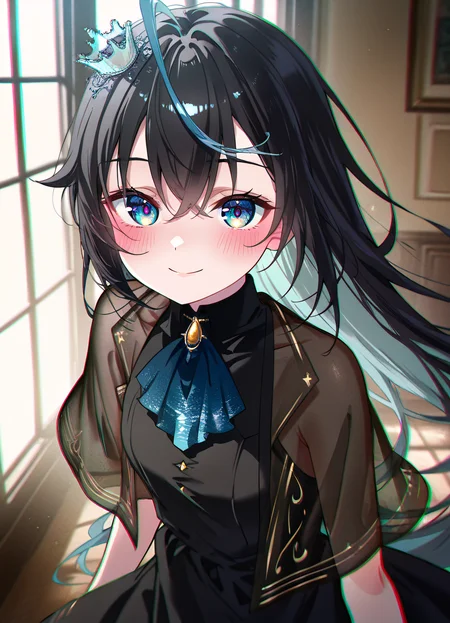 masterpiece, best quality, amazing quality, 1girl, solo, looking at viewer, window, amayo liz, very long hair, mini crown, blue ascot, blush, closed mouth, <lora:amayo_liz-08:0.8>, upper body, indoors, black dress, see-through capelet, <lora:BlackWidowDressILL:0.7>, <lora:noobai_vpred_1_masterpieces_v23:1.0>, smile,  embedding:ContreIllus