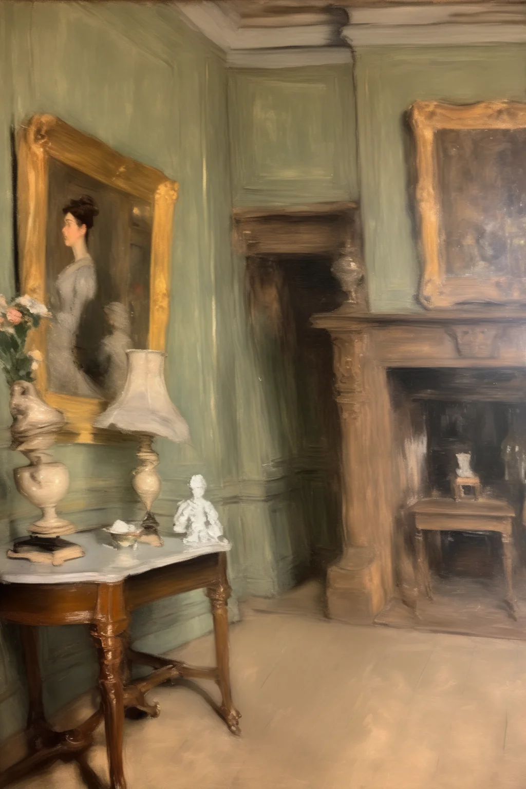 <lora:William Merritt Chase Style:1>William Merritt Chase Style - a 19th century oil painting of an interior of a fancy house. A study in the impressionistic style of Auguste Rodin with very loose, impressionist brush strokes. A muted neutral color palette