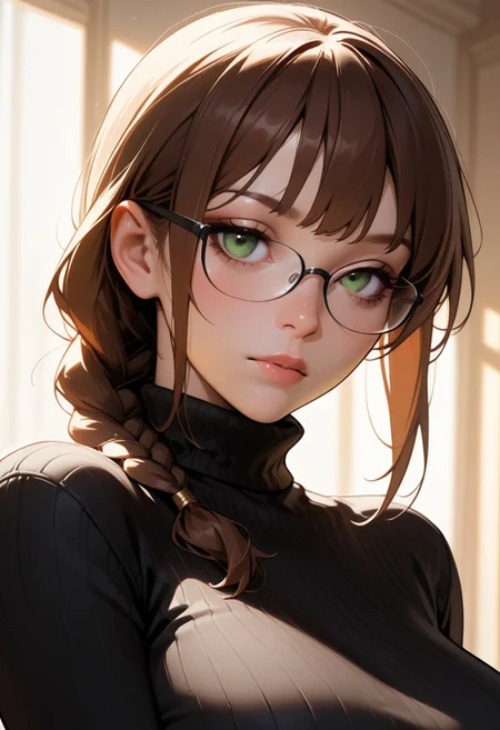 {{masterpiece,best quality,amazing quality}}, nijistyle,
BREAK
1girl, solo, looking at viewer, portrait, upper body, brown hair, bangs, black glasses, single braid, large breasts, black sweater, turtleneck, vertical stitch, green eyes, expressionless