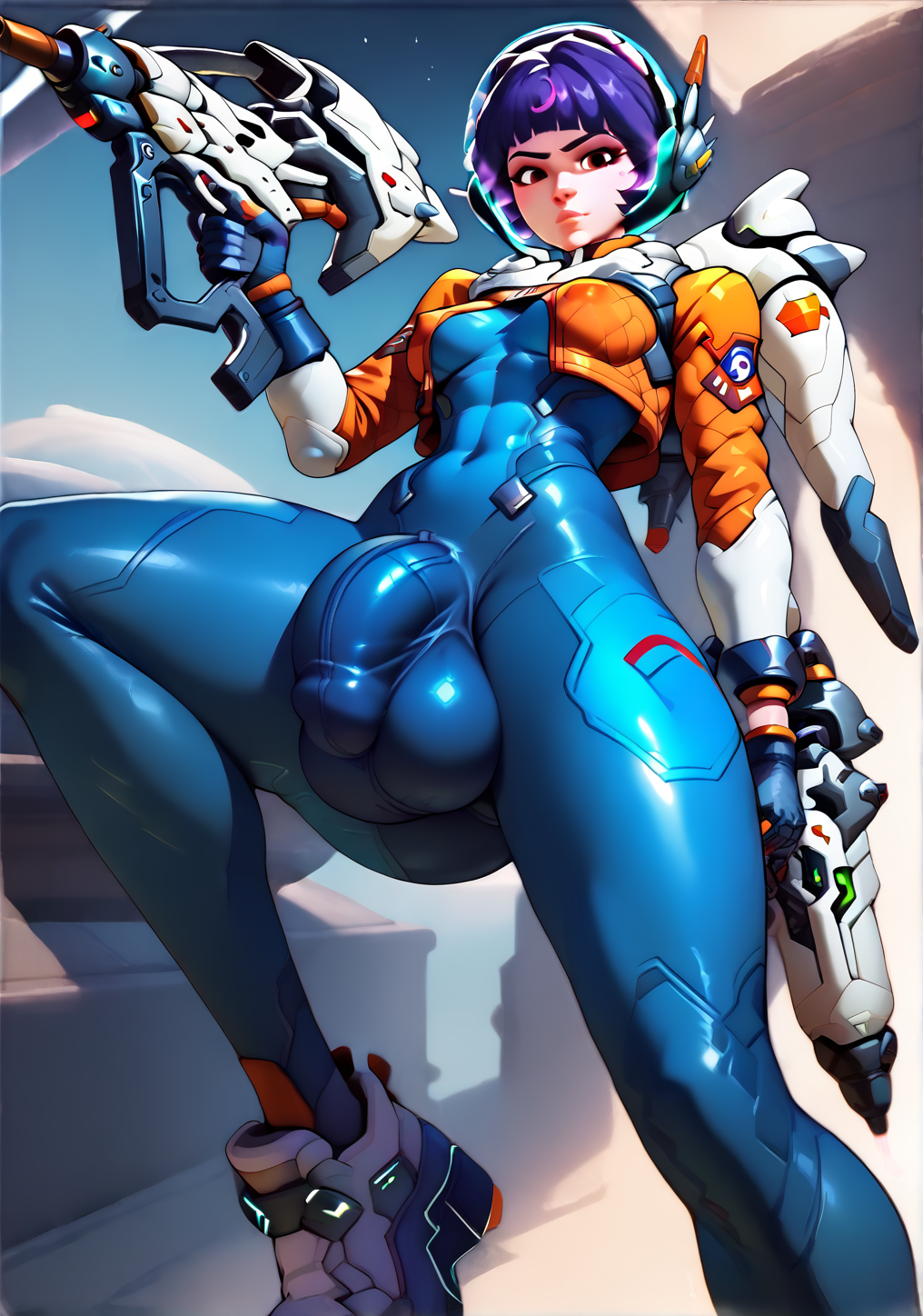1girl, Juno (overwatch), floating, jn0,purple hair,short hair,space helmet, spacesuit,jetpack,gloves,shoes,energy gun, penis bulge under suit, futanari, testicles, covered nipples, spacesuit, looking at viewer, covered navel, abs,  flaccid, bodysuit, erection, headphones, medium breasts, Space facility background, <lora:StarskyNChil_-_Style:1> <lora:Juno - Overwatch 2 - jn0 - pony damocles_aaa-resized:1>
