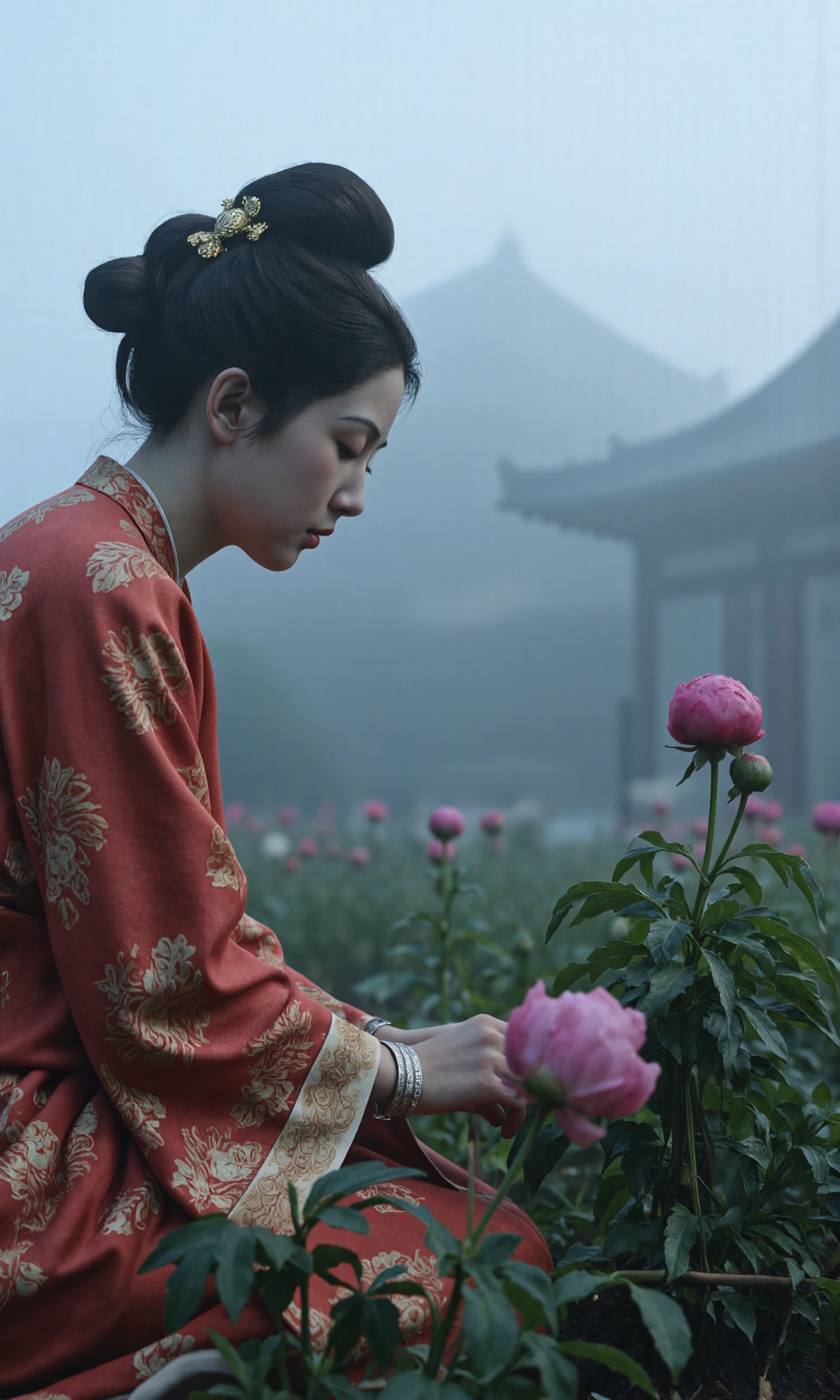 Top Atmosphere Photography Works, extremely realistic, Art by Zhang Jing, 

Dawn in Tang Dynasty's imperial peony garden veiled in mist. A (girl/HWF, MUDAN, hanfu, robe, very beautiful face) with twin-bun hairstyle in pomegranate-red ruqun kneels planting 'Luoyang Red' peony seedling. Close-up captures silver bracelet swaying as gilt trowel pats soil, sweat bead tracing temple. Rembrandt lighting pierces fog, backlight gilding hair strands. 85mm lens focuses on trichromatic soil (black/ochre/chalk) on fingertips and dew diffraction on leaf veins. Foreground details brocade floral patterns and silk drapery folds, blurred two-meter 'Wei Purple' peonies in background, distant palace roofs emerging in blue hour glow. Shot on Sony α1 at f/1.2 shallow depth, vermilion robe (R136 G8 B8) as golden ratio focal point in cyan-gray palette.

(photorealistic:1.5), (Extremely realistic, masterpiece, top quality, official art, best quality, beautiful and aesthetic:1.2), 4k, 8k, very rich details, 24bit colors, vivid colors, cinematic color grading, landscape,