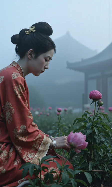 Top Atmosphere Photography Works, extremely realistic, Art by Zhang Jing,
Dawn in Tang Dynasty's imperial peony garden veiled in mist. A (girl/HWF, MUDAN, hanfu, robe, very beautiful face) with twin-bun hairstyle in pomegranate-red ruqun kneels planting 'Luoyang Red' peony seedling. Close-up captures silver bracelet swaying as gilt trowel pats soil, sweat bead tracing temple. Rembrandt lighting pierces fog, backlight gilding hair strands. 85mm lens focuses on trichromatic soil (black/ochre/chalk) on fingertips and dew diffraction on leaf veins. Foreground details brocade floral patterns and silk drapery folds, blurred two-meter 'Wei Purple' peonies in background, distant palace roofs emerging in blue hour glow. Shot on Sony α1 at f/1.2 shallow depth, vermilion robe (R136 G8 B8) as golden ratio focal point in cyan-gray palette.
(photorealistic:1.5), (Extremely realistic, masterpiece, top quality, official art, best quality, beautiful and aesthetic:1.2), 4k, 8k, very rich details, 24bit colors, vivid colors, cinematic color grading, landscape,