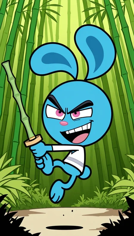  score_9, score_8_up, score_7_up, score_6_up, high quality, incredible quality, hires,rabbit,yang, solo, blue fur, pink eyes, rabbit, furry, solo, 1boy, jungle, forest, action pose, determined, smug, bamboo sword, holding sword, smirk, on air, jumping, white shirt,source_anime,score_9, score_8_up, score_7_up,source_anime,2dstyle, no shading,lineless,flat color,lineless, white training shirt, open mouth 