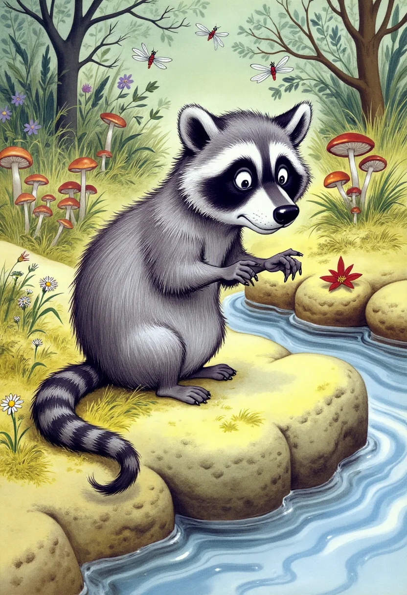 Old book illustration style, colored drawing of a curious raccoon perched on a moss-covered rock beside a bubbling woodland creek. The raccoonâs fur is detailed with shades of gray and black, its masked eyes bright and inquisitive. Around the rock, clusters of mushrooms and wildflowers grow, while dragonflies hover above the water. Soft sunlight filters through the dense canopy, casting gentle light and shadows across the scene. The colors are natural and warm, with fine lines and painterly textures, evoking a cozy, whimsical storybook mood. <lora:oldillustration_V1.1:0.9>