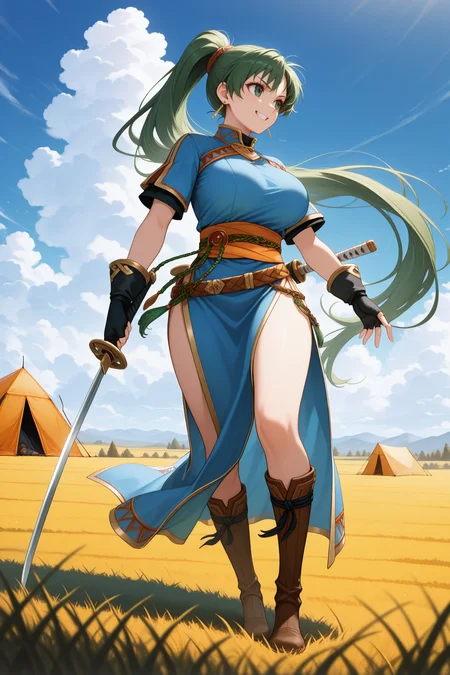 masterpiece, best quality, 1girl, solo, <lora:felyn-illu-nvwls-v1-000006:1> baseLd, green hair, high ponytail, very long hair, green eyes, large breasts, earrings, blue dress, short sleeves, orange sash, black gloves, fingerless gloves, pelvic curtain, side slit, brown belt, brown boots, full body, holding sword, katana, drawing sword, field, blue sky, clouds, tent, looking to the side, grin, serious, wide shot, arm at side