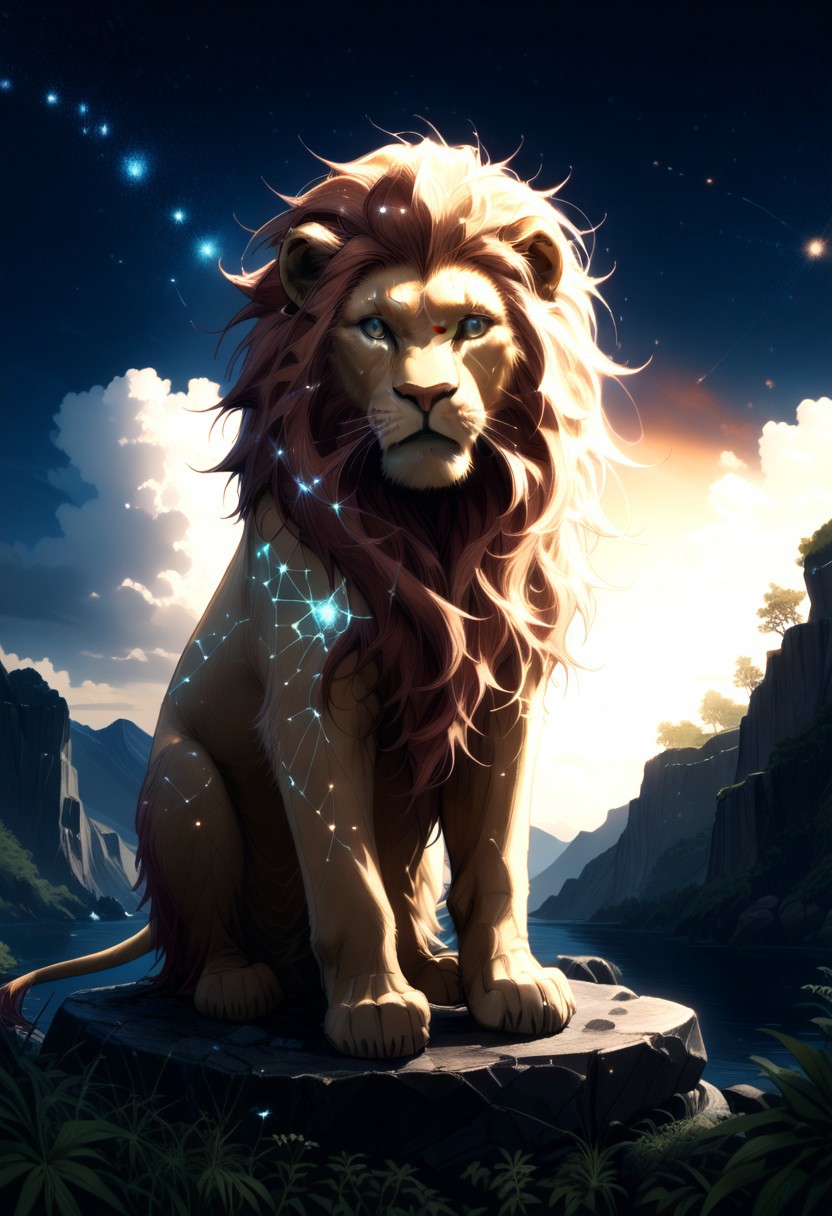 masterpiece, best quality, good quality, very awa, newest, highres, absurdres, ,score_9, score_8_up, score_7_up, Majestic lion, golden mane, standing on a rock, sunset light casting a warm glow