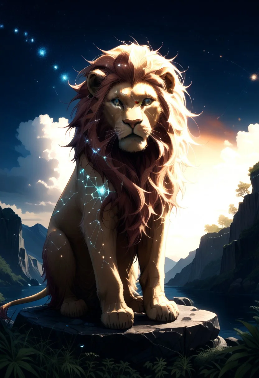 masterpiece, best quality, good quality, very awa, newest, highres, absurdres, ,score_9, score_8_up, score_7_up, Majestic lion, golden mane, standing on a rock, sunset light casting a warm glow