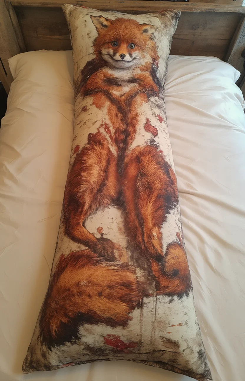 a picture of a fox anime waifu printed on a long bodypillow that is laying on a bed, <lora:- Flux1 - stoned_fox_V1.0:.7> <lora:MJanime_Flux_LoRa_v3_Final:1>