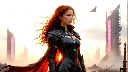 stormy background, full-length standing, dynamic pose, Anna_Keye, A dark Celtic goddess standing on a storm-lit battlefield at twilight, her long black hair swirling in the wind. She wears ancient armor woven with raven feathers and etched with glowing red runes. Her eyes reflect death and prophecy. In her hand, a twisted spear forged of obsidian and bone. The ground is covered in mist, revealing flickers of fallen warriors beneath. Behind her, decaying cyberpunk ruins stretch into the distance—collapsed megastructures, shattered neon signs flickering in the haze, remnants of a failed technocracy. Faint circuitry glows along her skin like ancient code. Lightning cuts through the crimson sky, illuminating her silhouette. Cinematic composition, moody lighting, digital art, 16:9 wallpaper, 4K, highly detailed, ethereal atmosphere.