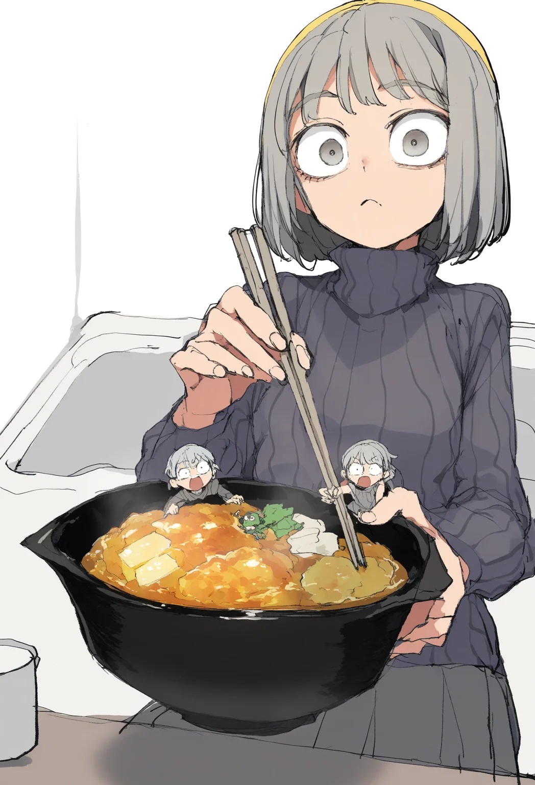 chopsticks, sweater, holding, multiple girls, short hair, grey hair, turtleneck, closed mouth, white background, mini person, turtleneck sweater, skirt, wide-eyed, blonde hair, minigirl, long sleeves, ribbed sweater, open mouth, holding chopsticks, bathtub, simple background, looking at viewer
,masterpiece,best quality,very aesthetic,absurdres,
<lora:åºæ°´fornoob:0.95>