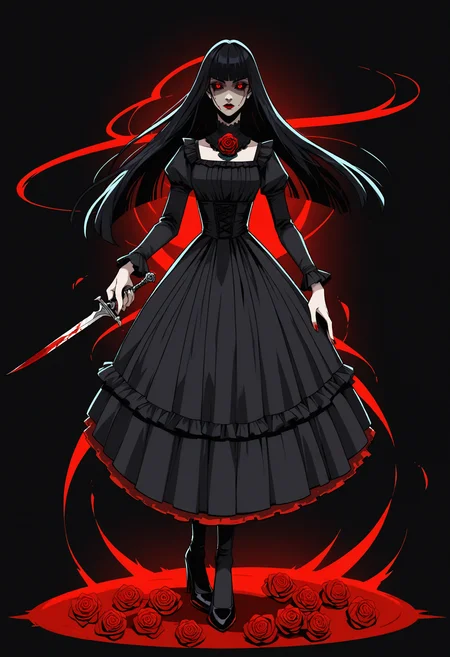score_9, score_8_up, score_7_up, score_6_up, score_5_up, score_4_up,
BREAK
1girl, black hair, red eyes, long hair, straight hair, blunt bangs, blunt ends, half-closed eyes, glowing eyes, slit pupils, red lips, expressionless, looking away, black sclera,
BREAK
solo, dancing, black dress, frills, gothic dress, red rose, rose dress, roses, holding dagger, blood on weapon, blood pool, black high heels, blood mist,
BREAK
(black background:1.3), simple background, dark, simple background, dynamic pose, <lora:Lunas-Hades-Style-SDXL-A2:1>