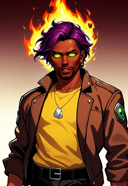 animated nightmare style, 1boy, belt, black belt, black pants, brown jacket, brown shirt, dark skin, dark-skinned male, dog tags, earrings, facial hair, fire, glowing, glowing eyes, gradient, gradient background, green eyes, jacket, jewelry, long sleeves, looking at viewer, male focus, necklace, open clothes, open jacket, pants, parted lips, purple hair, ring, shirt, short hair, solo, upper body, yellow shirt